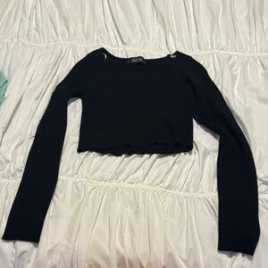 Fabrik women’s large Black Ribbed Long Sleeve Crop Top stretchy